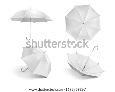 Realistic white umbrella mockup. Blank open fabric parasol, outdoor weather waterproof umbrellas vector template set. Closeup realistic parasol, mock-up umbrella illustration