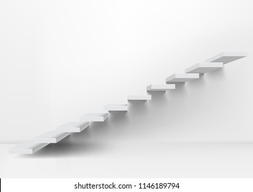 Realistic White Upward Clear Stairs In Empty Room. EPS10 Vector