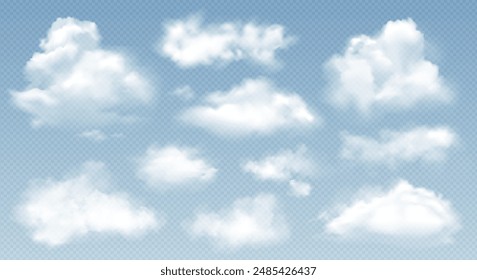 Realistic white vector cloud, fog or smoke set isolated on transparent background. Cloud, nature sky or food smoke symbol. Weather element or pattern art. Cloud texture, fire smoke wave, foggy nature.