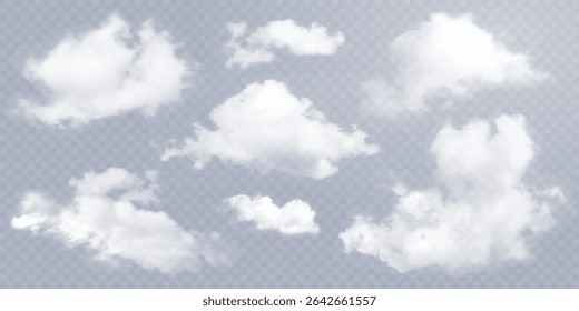 Realistic white vector clouds isolated on transparent background. Set of soft cumulus shapes, mist or fog elements for sky, weather, or nature illustration. Atmospheric airy texture for design.