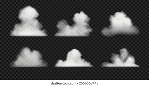 Realistic white vector clouds, water haze, smoke on sky. Set of steam clouds, fog isolated on transparent background. 