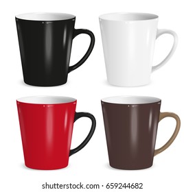 Realistic white vector cup white, black, red, brown, latte and coffee, isolated on transparent background. You can recolor the cup and handle separately. Mock Up, Clip art, Branding.