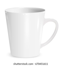 Realistic white vector cup. Latte and coffee, isolated on transparent background. Mock Up, Clip art, Branding.