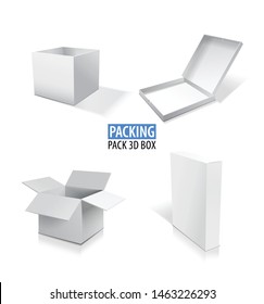 Realistic white vector opened and closed blank box set illustration with shadows.