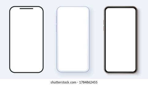 Realistic white vector smartphone. 3d realistic phone template for inserting any UI/UX interface test or business presentation. Elegant thin stroke line style design. Outline line drawing modern phone