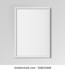 Realistic White vertical frame for paintings or photographs hanging on the wall. Vector illustration.