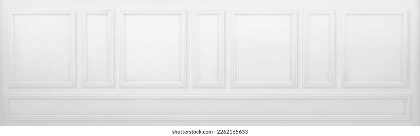 Realistic white victorian style wall with wooden molding. Vector illustration of classic vintage panel in elegant room of museum, office, art gallery, house or luxury palace. Interior design element