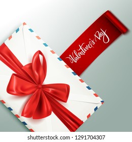 Realistic white vintage envelope with decorative red bow, Happy Valentine's Day card, vector illustration
