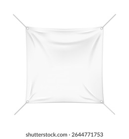 Realistic white vinyl or textile material poster on string, advertising banner. Pennants hanging on rope. Folded empty fabric square stretched canvas blank. Vector 3d mockup