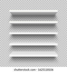 Realistic white wall shelf collection on checkered background. Empty store rack. Vector illustration.