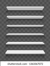 Realistic white wall shelf. Empty bookshelf. Store or shop shelves