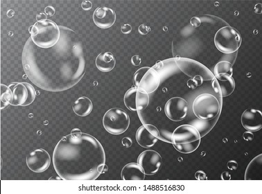 Realistic white water bubbles with reflection on transparent background. Vector illustration