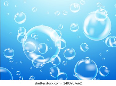 Realistic white water bubbles with reflection on  blue background. Vector illustration