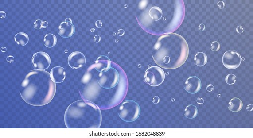 Burbujas de agua blanca realistas con reflexión de fondo transparente. Ilustración del vector