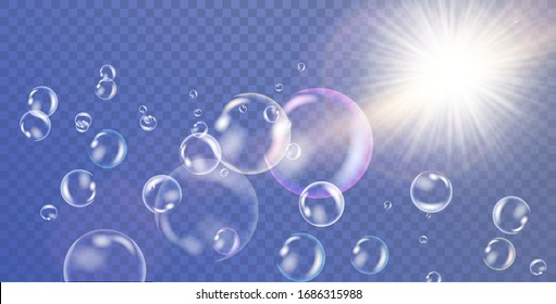 Realistic white water bubbles with reflection on transparent background. Vector illustration