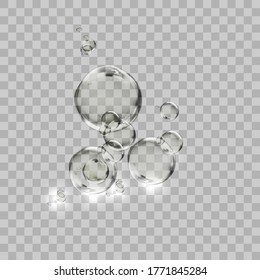 Realistic white water bubbles with reflection on transparent background. Vector illustration