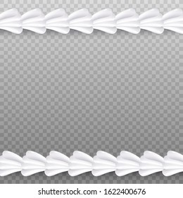 Realistic white whipped cream line border isolated on transparent background - shiny dessert pastry icing decoration frame, vector illustration.