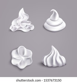 Realistic white whipped cream swirl shape set isolated on grey background - collection of smooth dairy icing frosting for cupcake or other dessert, vector illustration