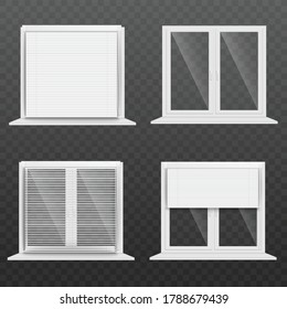 Ciego de ventanas blancas realistas aislado en fondo transparente - ventanas de vidrio claro con diferentes tipos de persianas y persianas abiertas y cerradas. Ilustración vectorial.