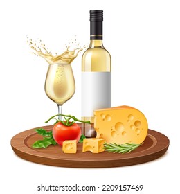 Realistic white wine and cheese. Products composition, alcohol beverage bottle on wooden cutting board, vegetables and greens, food and drink, 3d isolated elements, utter vector concept