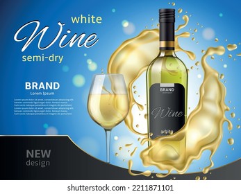 Realistic white wine splashes poster. Drink explosion, wineglass and glass bottle with grape alcohol, 3d closed flask, copy space for text, advertising banner template, utter vector concept