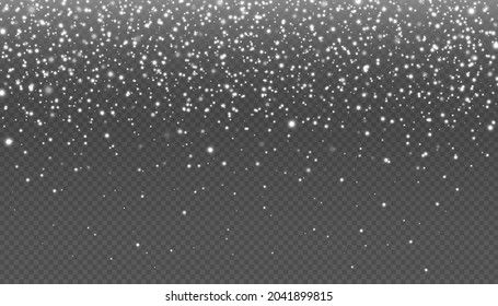 Realistic white winter snowfall, merry christmas night background. Falling snow. Flying snowflakes. Snowy weather transparent vector effect. Frost storm effect for new year or xmas card