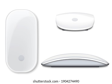 Realistic white wireless mouse isolated. Device for control laptop. Object for use computer desktop or notebook. Mobile device technology. Digital gadget for office working, education, learning.