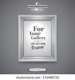 Realistic, White Wood Frame for Picture, Rectangle Wood Border and Lamp on a Wall.