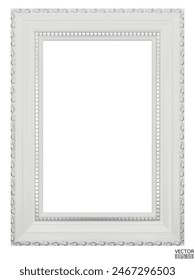 Realistic white wooden vintage frame isolated on white background.  Rectangle frames mockup. Classic Photo wooden frame. White border for painting, poster, and photo gallery. 3d vector illustration.