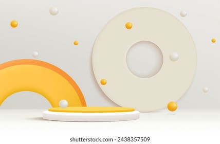 Realistic white and yellow 3D cylinder pedestal podium with circle. Minimal scene for products stage showcase, promotion display. Vector geometric platform. Abstract room design. 