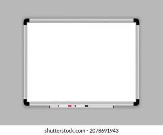 Realistic whiteboard. Empty office whiteboard with marker pens. Mock up white magnetic board. School blackboard and chalkboard. Space for your text and design. Vector illustration.