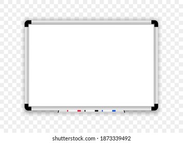 Realistic whiteboard. Office board with marker pens. Empty board. Mock up white magnetic board. Scool blackboard. Space for your text and design.