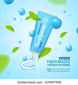 Realistic Whitening Toothpaste Promotion Concept Card and Fly Green Mint Leaves Fresh Flavor. Vector illustration