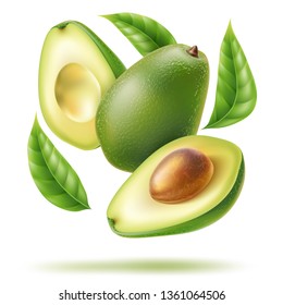 Realistic whole avocado, half with leaves in swirl motion. Juicy fruits for natural product vector design. Cut ripe avocado with stone for healthy organic package, restaurant menu design.