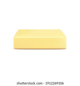Realistic whole butter block isolated on white background. Side view of yellow creamy dairy food ingredient in one uncut piece, vector illustration.