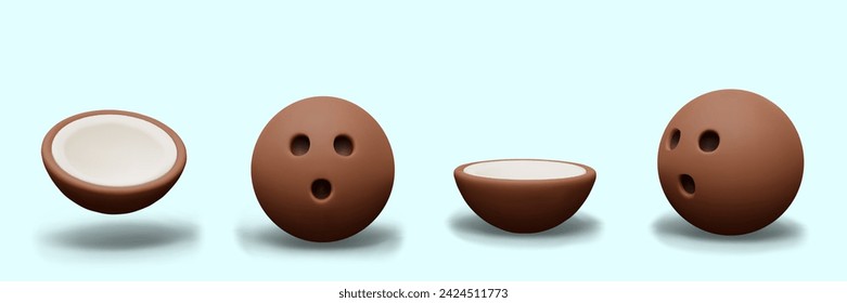 Realistic whole coconut and half. Palm nut in different positions. Diet food, vegan milk