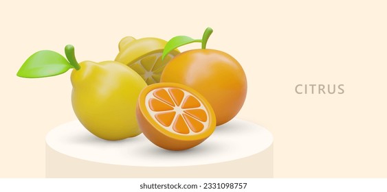 Realistic whole and cut citrus fruits. Vector template in cartoon style. Aromatherapy. Natural food rich in vitamin C. Juicy delicious summer fruits. Lemon and orange