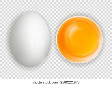 Realistic whole egg and egg with yolk isolated on transparent background