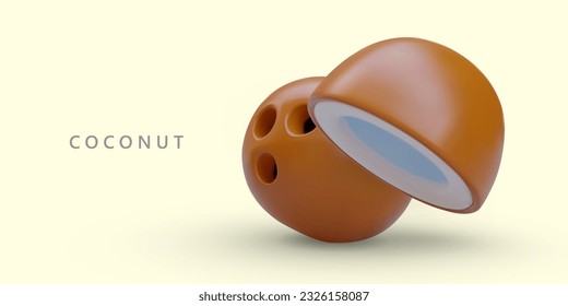 Realistic whole and half coconut. Natural edible product. Tropical aromatic nut. Dietary snack, supplement for baking, desserts. Concept for web design