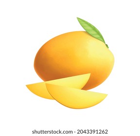 Realistic whole mango with leaf and two slices on white background vector illustration