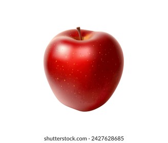 Realistic whole ripe red apple fruit. Isolated 3d vector fresh, juicy summer plant. Healthy garden vitamin food, natural vegetarian snack with vibrant, glossy skin, crunchy texture and sweet flavor