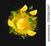 Realistic whole and slice fresh lemon with leaves flying on yellow citrus explosion on dark transparent background. Yellow citrus splash for product package design.