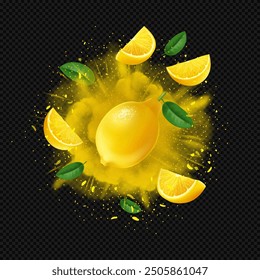 Realistic whole and slice fresh lemon with leaves flying on yellow citrus explosion on dark transparent background. Yellow citrus splash for product package design.