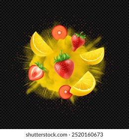 Realistic whole and slice fresh lemon and strawberry with leaves, flying on yellow citrus explosion on dark transparent background. Yellow citrus and berries splash.