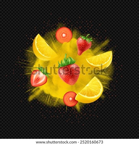 Realistic whole and slice fresh lemon and strawberry with leaves, flying on yellow citrus explosion on dark transparent background. Yellow citrus and berries splash.