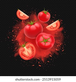 Tomates rojos frescos enteros y en rodajas realistas con efecto de explosión roja sobre fondo transparente oscuro. Salpicadura de tomate rojo para el diseño del paquete del producto.