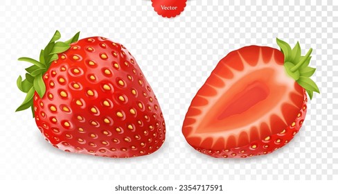 Realistic whole and sliced strawberry vector isolated on transparent background