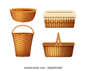 Realistic wicker basket set. Handcraft decorative basketry picnic containers. Empty wicker basket for Easter holiday, picnic, countryside, home decoration vector illustration