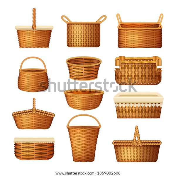 Realistic wicker basket\
set. Handcraft decorative basketry picnic containers. Empty wicker\
basket for Easter holiday, picnic, countryside, home decoration\
vector illustration