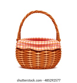 Realistic wicker basket with towel isolated on white background.